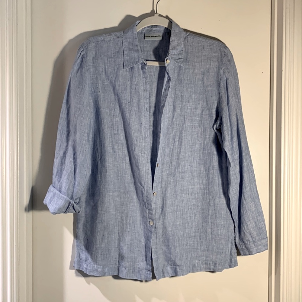 MARSH LANDING Petites 100% Linen Pale blue long sleeve blouse/ shirt PM